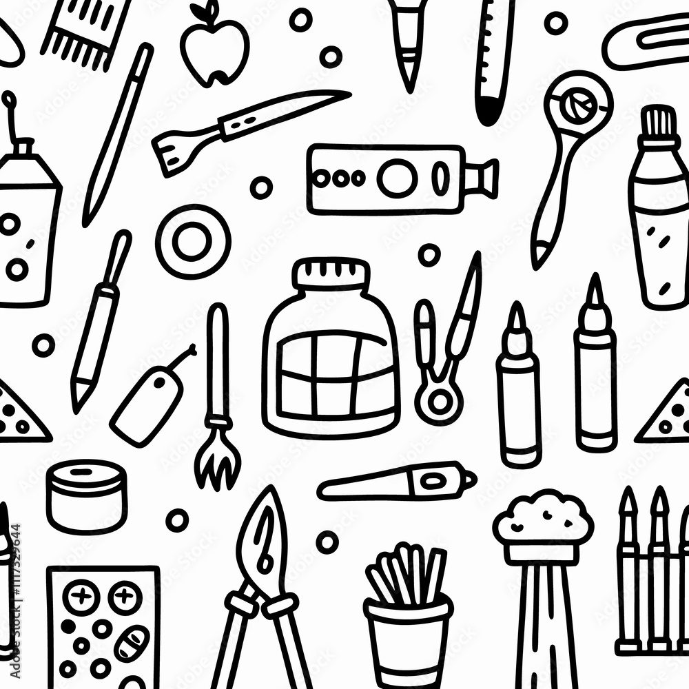 Seamless pattern of hand-drawn art and craft supplies. Seamless pattern of hand-drawn art and craft supplies.