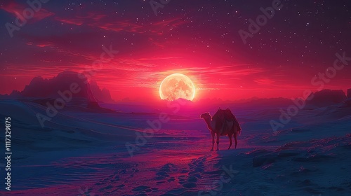 Lantern in the desert at night with camel, ramadan kareem banner background concept