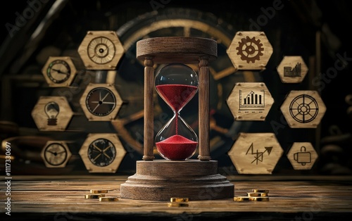 Sand timer on a wooden table surrounded by gears and clocks in a workshop highlighting the theme of time management and productivity photo