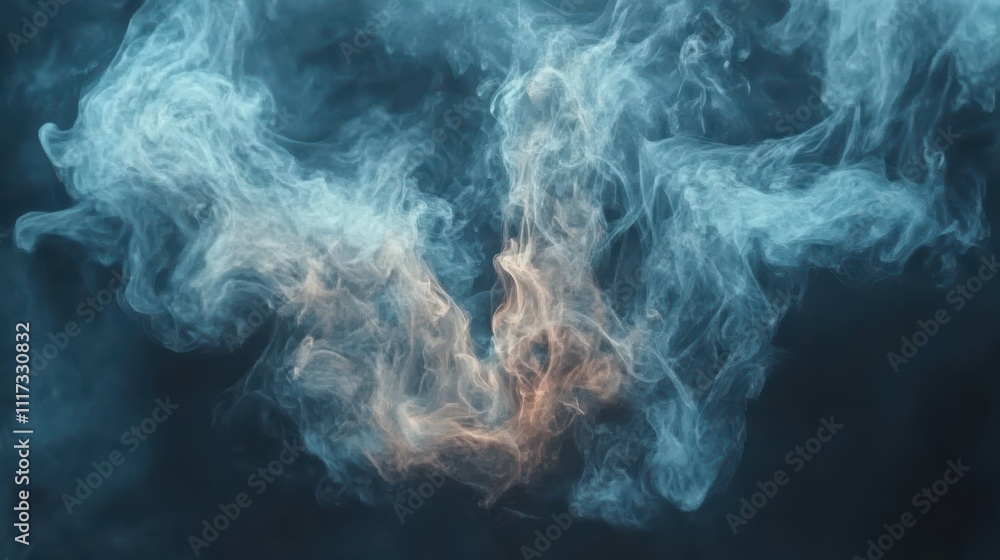 Abstract swirling smoke patterns in teal and peach tones against a dark background. Abstract swirling smoke patterns in teal and peach tones against a dark background.