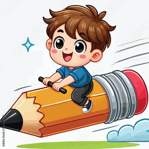 a boy is riding on a pencil vector