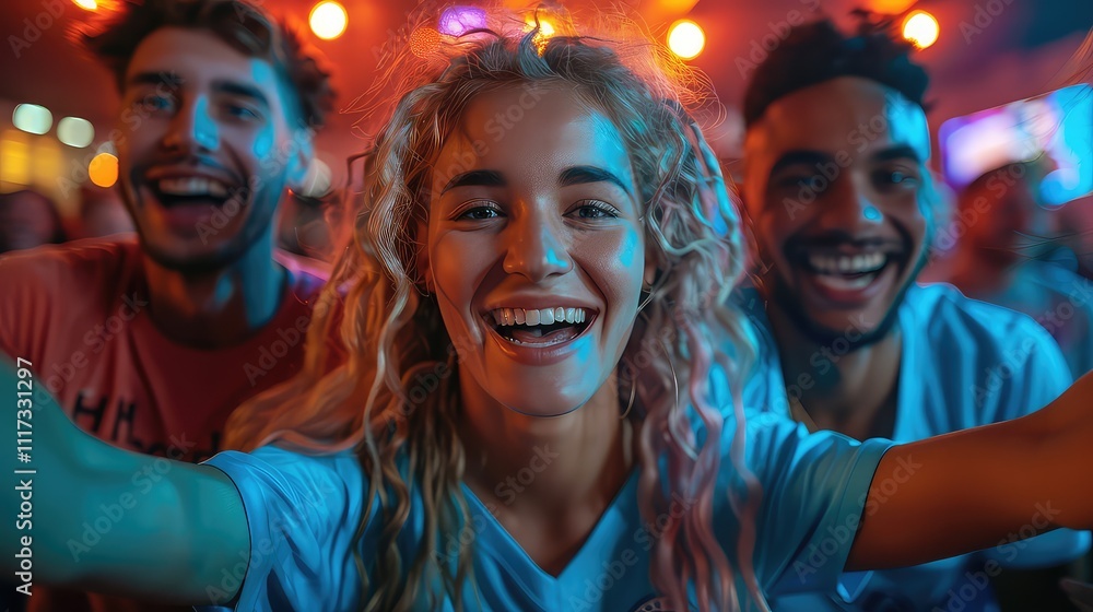 Happy friends taking selfies at a Christmas party. A group of young multiethnic people smiling for the camera at a nightclub Happy friends taking selfies at a Christmas party. A group of young multiethnic people smiling for the camera at a nightclub