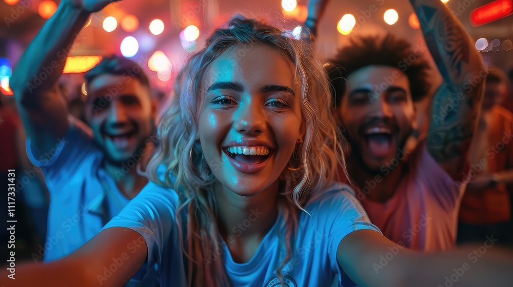 Happy friends taking selfies at a Christmas party. A group of young multiethnic people smiling for the camera at a nightclub Happy friends taking selfies at a Christmas party. A group of young multiethnic people smiling for the camera at a nightclub