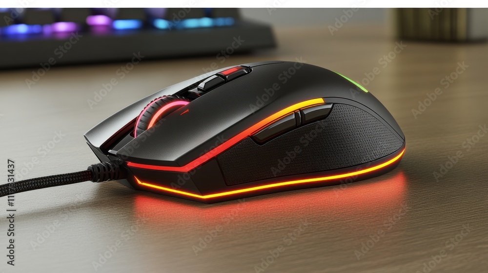 Illuminated Gaming Mouse On Wooden Surface Illuminated Gaming Mouse On Wooden Surface