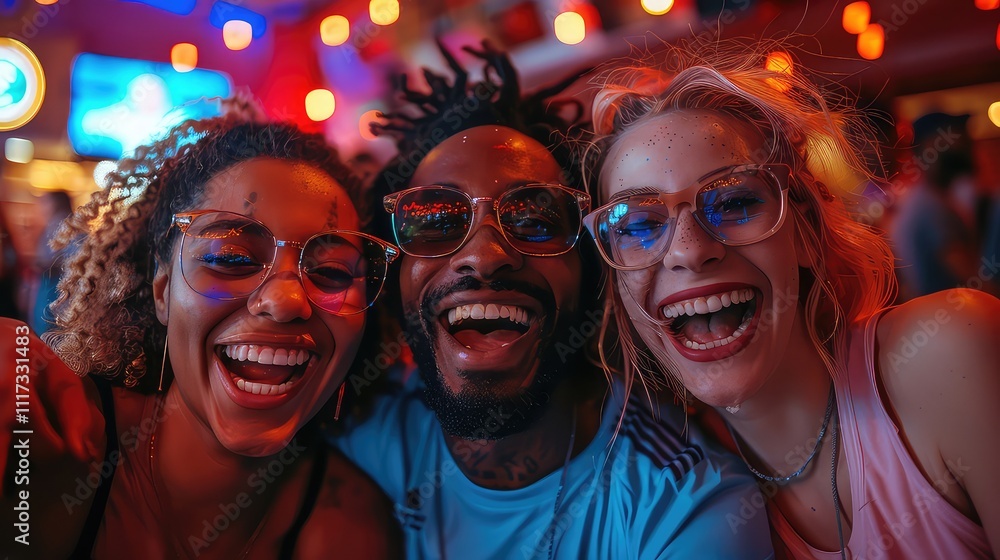 Happy friends taking selfies at a Christmas party. A group of young multiethnic people smiling for the camera at a nightclub Happy friends taking selfies at a Christmas party. A group of young multiethnic people smiling for the camera at a nightclub