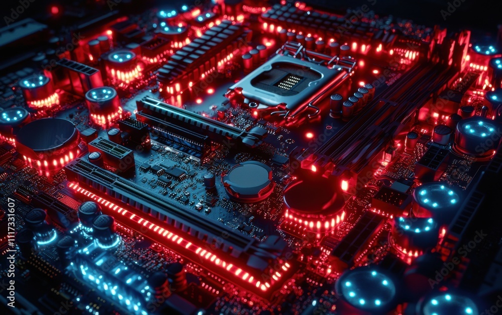 Fototapeta premium High-tech motherboard glowing with red and blue lights in a dark environment showcasing advanced electronics