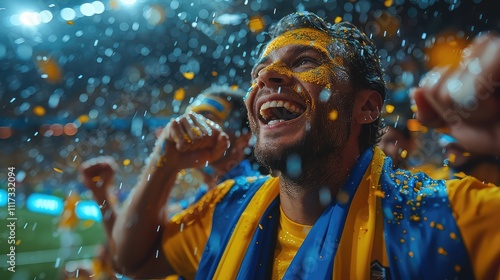 A fan wearing a yellow jersey exhibits a gesture of joy and excitement in a world stadium, enjoying leisure and fun while watching a team sport ball game. AIG41