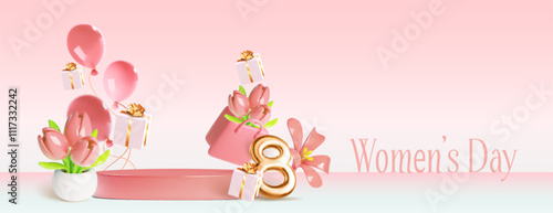 8 March congratulation or holiday sale promotion scene with pink pastel cylinder podium, golden number eight, flowers, shopping bag, flying balloons and wrapped gift boxes. 3d vector Women Day banner.