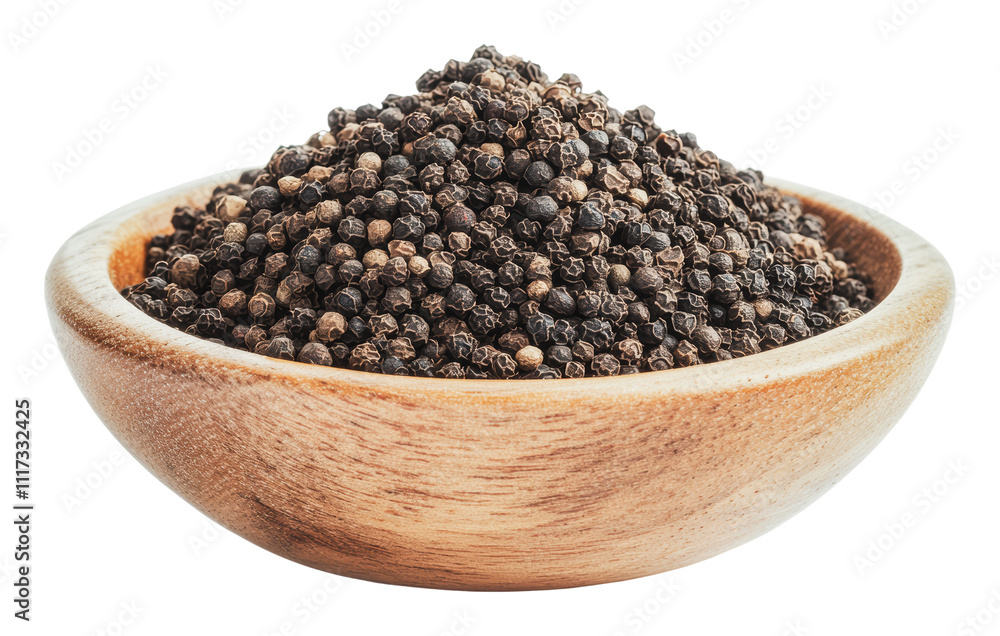 Black pepper in a wooden bowl ready for seasoning, cut out - stock png.