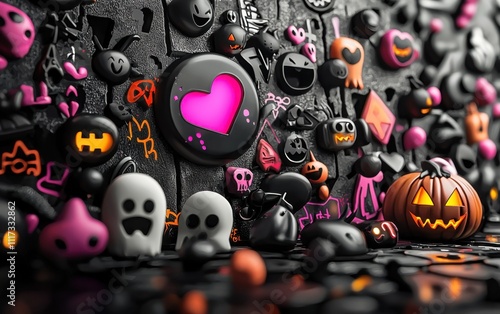 Colorful Halloween-themed decorations showcase a variety of spooky icons and playful designs in vibrant colors photo