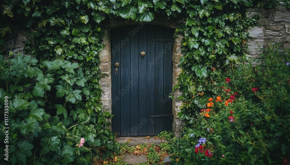 A charming door surrounded by lush greenery and colorful flowers. A charming door surrounded by lush greenery and colorful flowers.