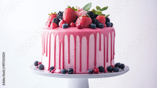 Vibrant pink drip cake topped with fresh strawberries, blackberries, blueberries, and mint leaves on a white cake stand, creating a fresh and inviting dessert display.