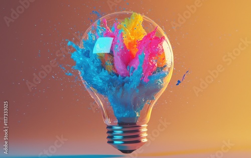 Colorful explosion of water and paint inside a light bulb against a vibrant backdrop