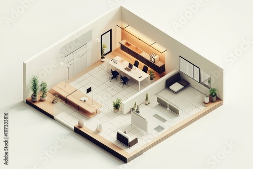 Modern office layout featuring desks, seating, and plants for a collaborative workspace.