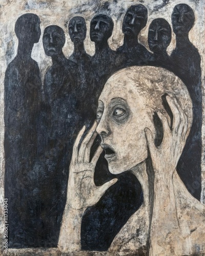 A figure in distress surrounded by shadowy silhouettes.