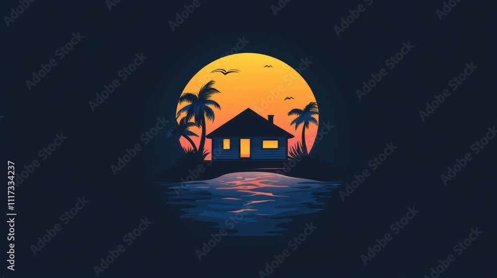 A serene sunset scene featuring a house by the water, surrounded by palm trees. A serene sunset scene featuring a house by the water, surrounded by palm trees.