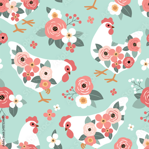 Seamless vector pattern with floral hen and summer flowers. Hand drawn floral background with white chickens. Perfect for textile, wallpaper or nursery print design. EPS10 vector file.