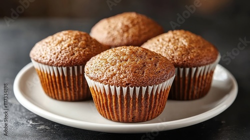 Four delicious chocolate muffins on a plate. Perfect for bakery, food blog, or recipe websites.