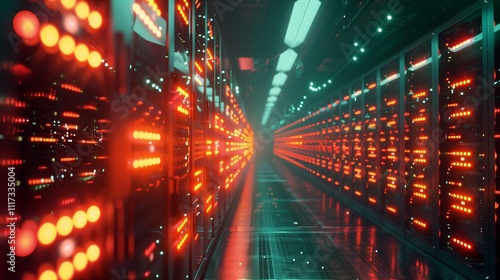 A futuristic data center with rows of servers and fiber optic cables photo