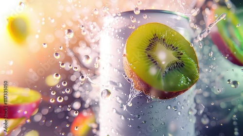 Soda can, cocktail, cooling drink with vitamins and fruits, splashes, ice and bright colors, mockup