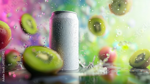 Soda can, cocktail, cooling drink with vitamins and fruits, splashes, ice and bright colors, mockup