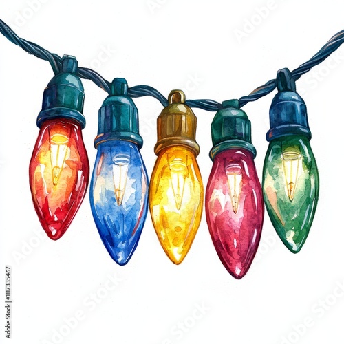 Watercolor painting of icicle-shaped Christmas lights, on isolated white background