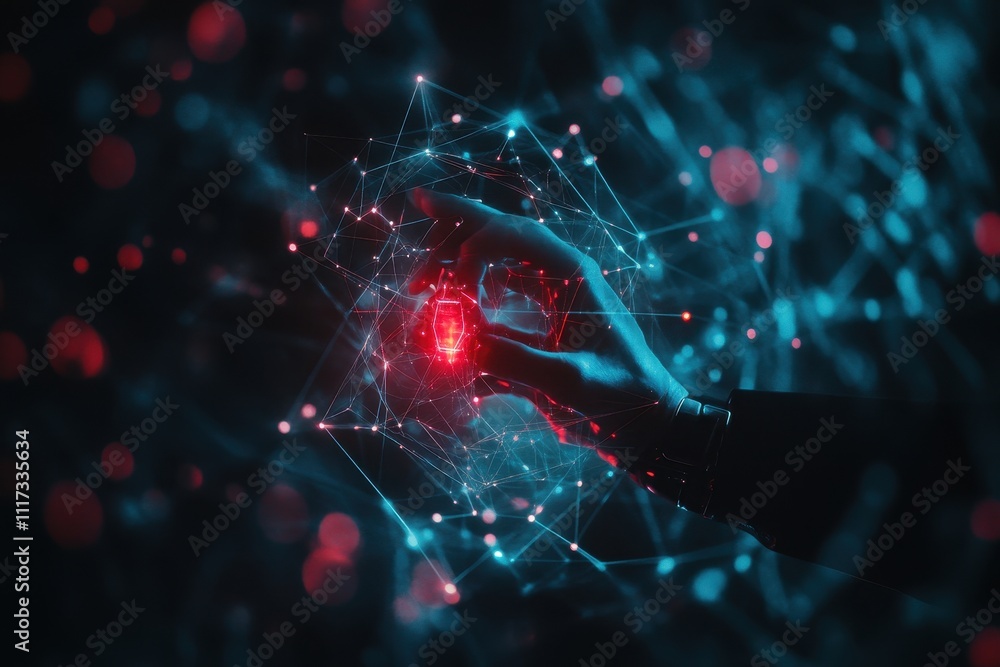 A hand manipulating a glowing red object amidst a network of blue and red digital connections. A hand manipulating a glowing red object amidst a network of blue and red digital connections.