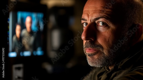 Film director intently reviewing footage on a large screen, deep in thought as he analyzes the visual storytelling, capturing the essence of creativity and meticulous attention to detail in filmmaking