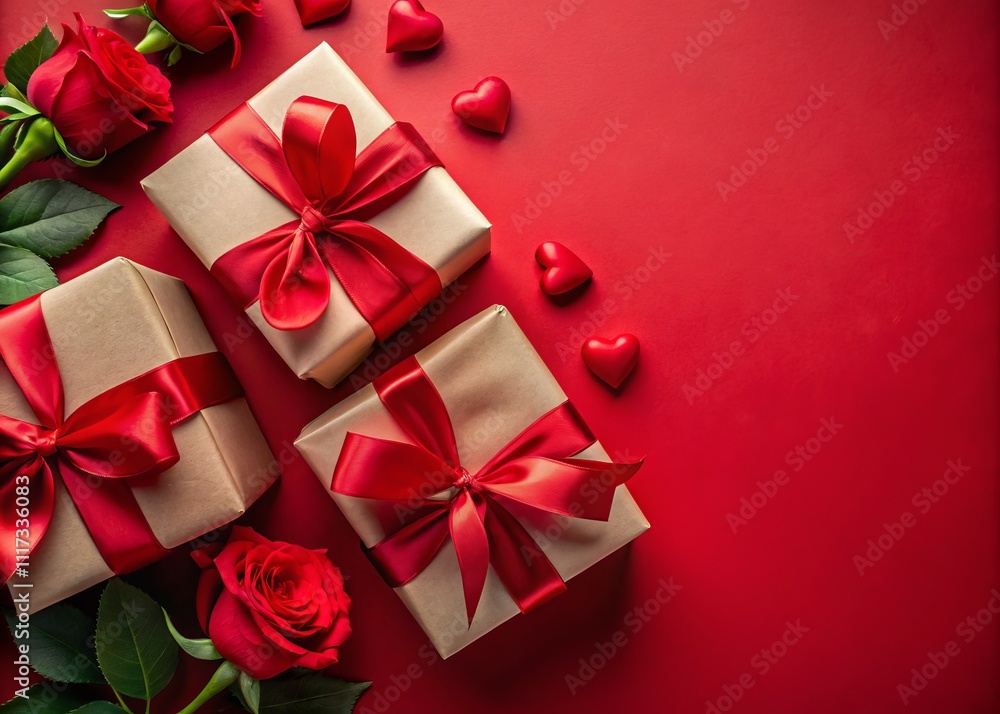 Romantic Valentine's Day Vertical Banner Featuring Gifts Adorned with Red Ribbon Bows and Rose Buds on a Rich Red Background - Perfect for Celebrations and Promotions Romantic Valentine's Day Vertical Banner Featuring Gifts Adorned with Red Ribbon Bows and Rose Buds on a Rich Red Background - Perfect for Celebrations and Promotions