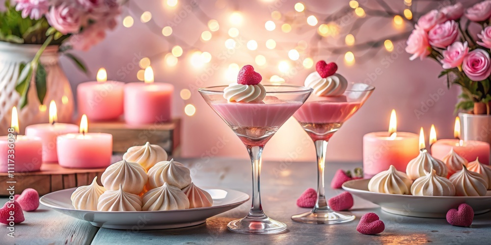 Romantic Valentine’s Day Setting with Heart-Shaped Meringues, Pink Cocktails, and Lit Candles for a Perfect Special Occasion Atmosphere Romantic Valentine’s Day Setting with Heart-Shaped Meringues, Pink Cocktails, and Lit Candles for a Perfect Special Occasion Atmosphere
