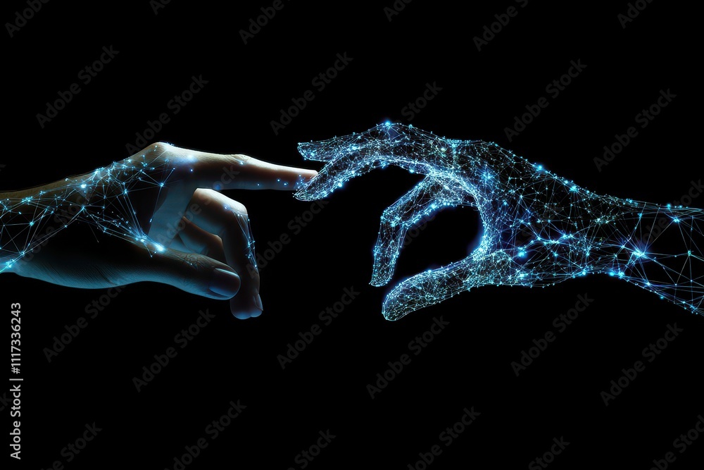 A human hand reaching towards a digital, networked hand, symbolizing connection and technology. A human hand reaching towards a digital, networked hand, symbolizing connection and technology.