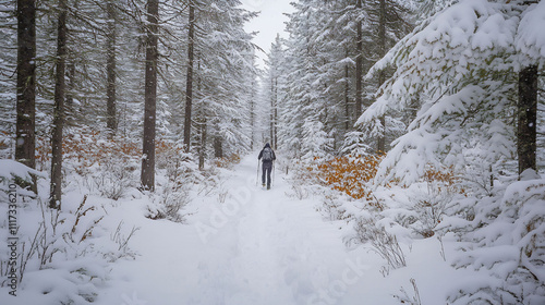 Hiker making their way through a snowcovered forest the trees dusted with fresh powder The crisp air and winter scenery create a serene and quiet atmosphere for this coldweather adventure photo