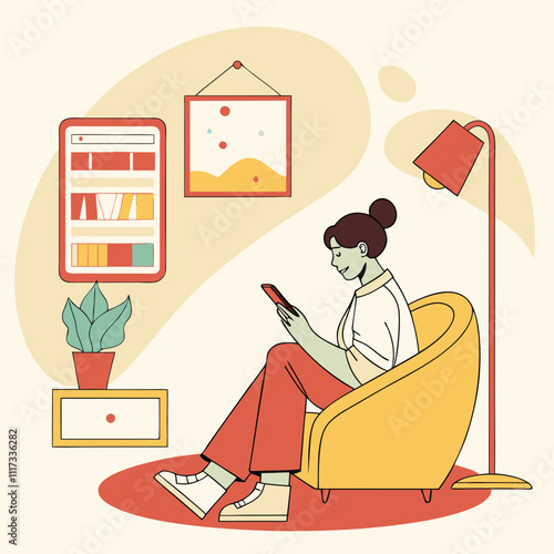 A lady is sitting in a living room and using phone