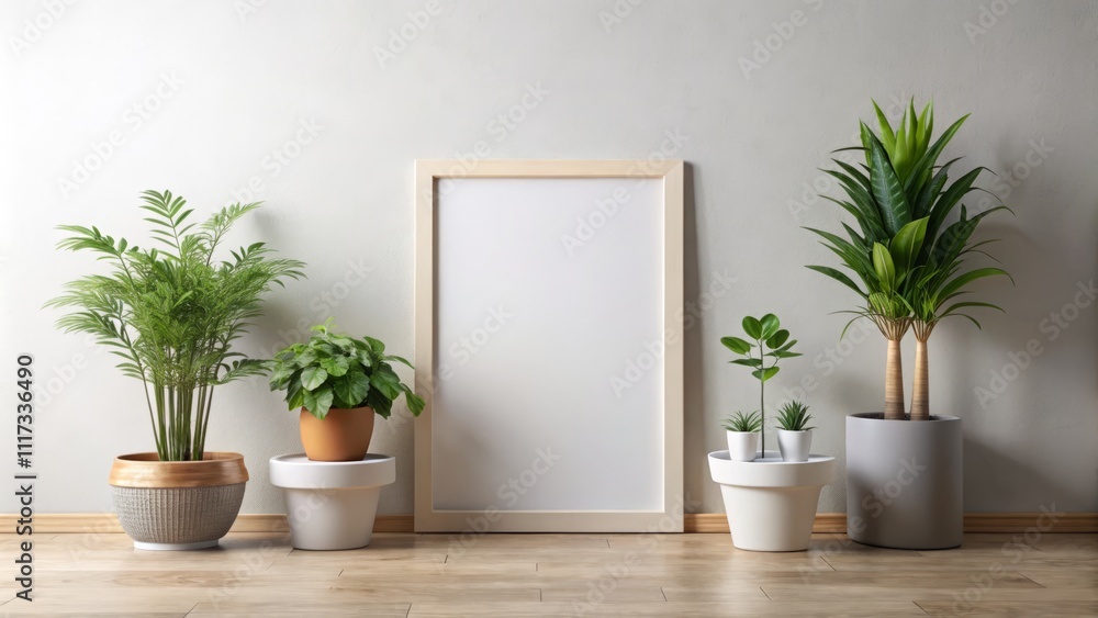 Serene Minimalist Interior Featuring a Blank Frame and Lush Decorative Plants for a Tranquil Atmosphere Serene Minimalist Interior Featuring a Blank Frame and Lush Decorative Plants for a Tranquil Atmosphere