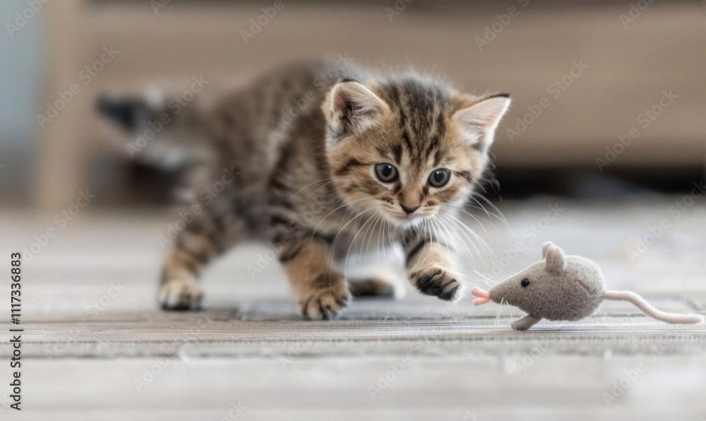 A playful kitten chases a toy mouse on a wooden floor. A playful kitten chases a toy mouse on a wooden floor.