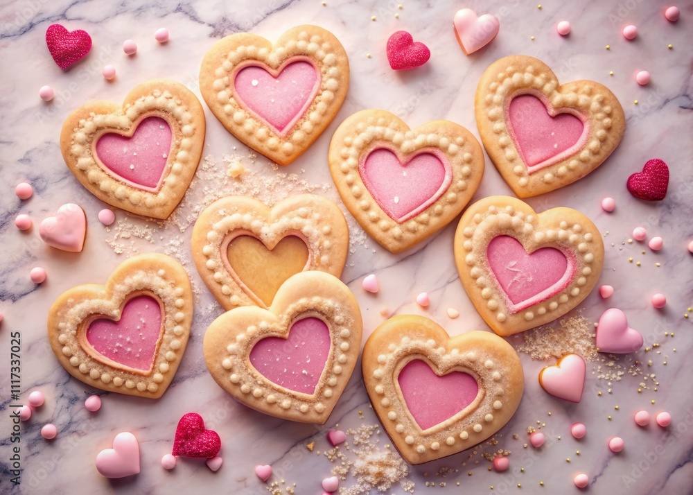 Stamped Heart Cut-Out Cookies with Pink Sugar on a Pink Marble Background - Sweet Delights for Celebrations or Special Occasions Stamped Heart Cut-Out Cookies with Pink Sugar on a Pink Marble Background - Sweet Delights for Celebrations or Special Occasions
