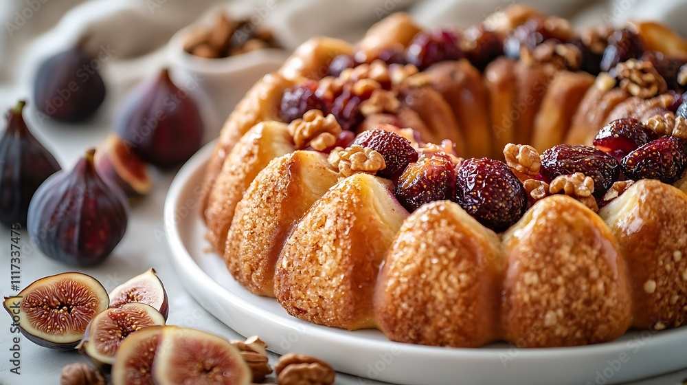 A close-up of a bolo rei (Portuguese King Cake) with vibrant candied fruit, placed on a white porcelain tray, surrounded by a ring of fresh figs and dried nuts, A close-up of a bolo rei (Portuguese King Cake) with vibrant candied fruit, placed on a white porcelain tray, surrounded by a ring of fresh figs and dried nuts,