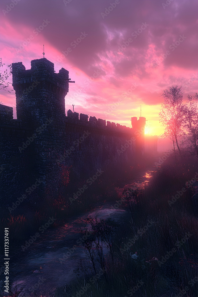 Fototapeta premium Sunset over ancient stone castle wall.