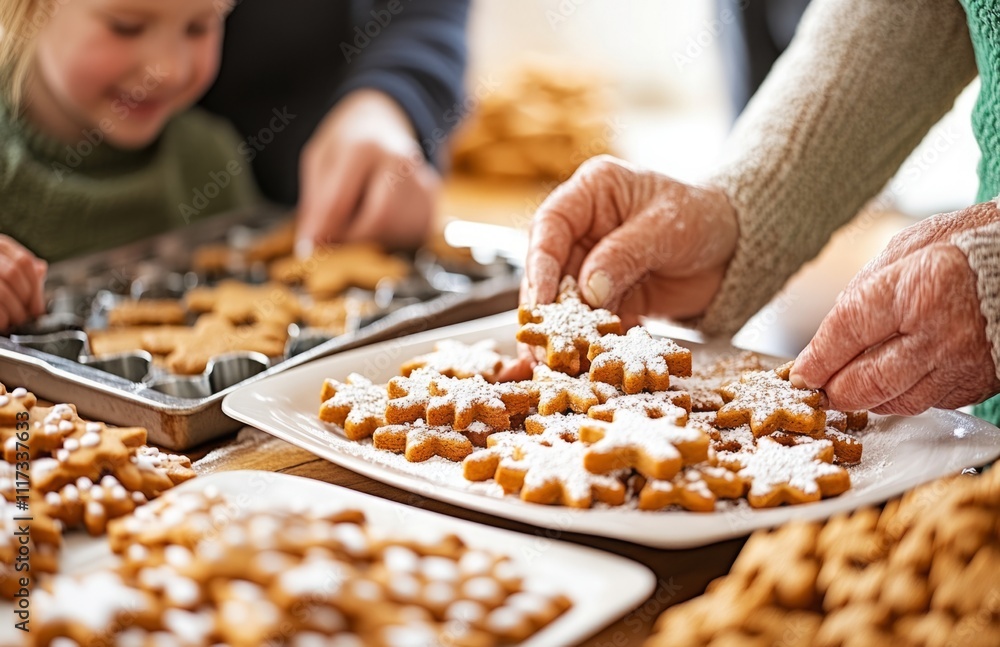 Family decorating gingerbread cookies together with baking sheets and cookie cutters nearby Family decorating gingerbread cookies together with baking sheets and cookie cutters nearby