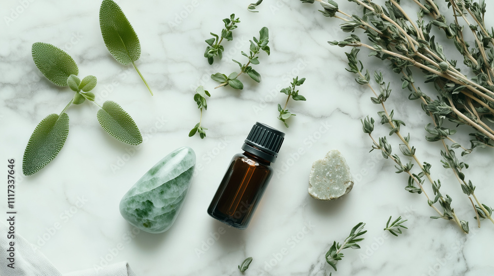 Flat lay of natural herbs, essential oils, and wellness items on marble surface Flat lay of natural herbs, essential oils, and wellness items on marble surface