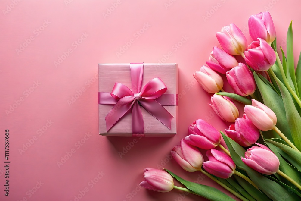 Fototapeta premium Stylish Pink Gift Box with Ribbon and Bouquet of Tulips on Pastel Pink Background for Mother's Day Celebration, Copy Space for Personal Messages and Greetings