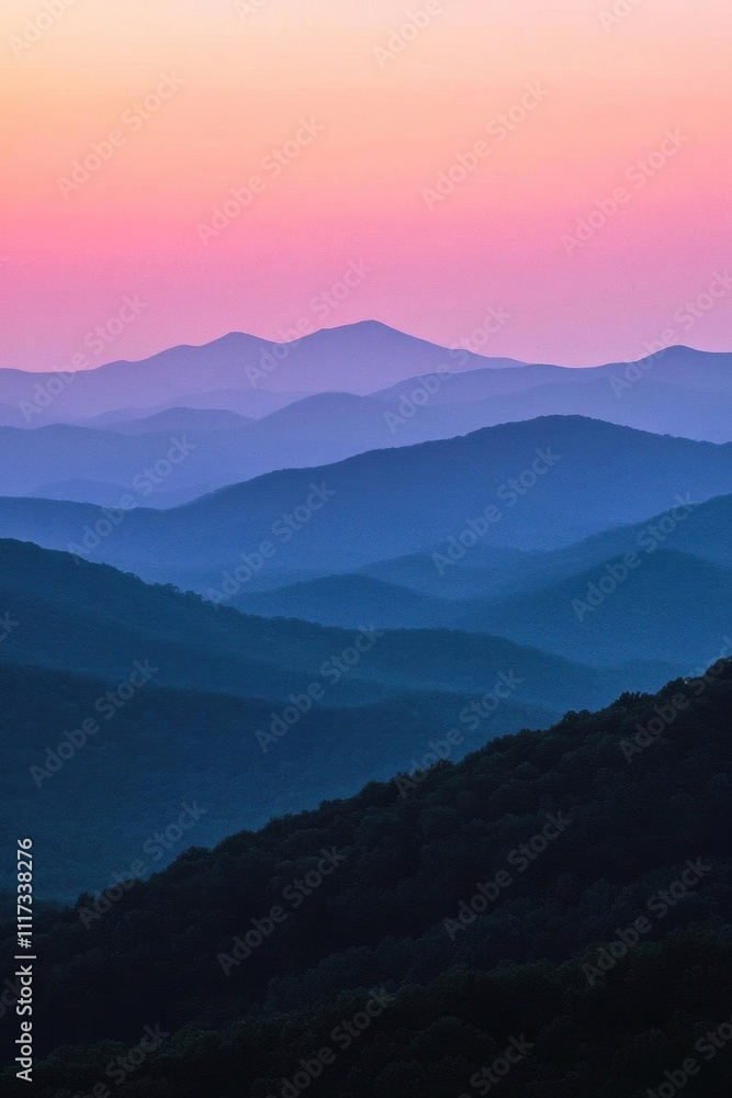 Serene mountain landscape at dusk with layered hills and soft colors. Serene mountain landscape at dusk with layered hills and soft colors.