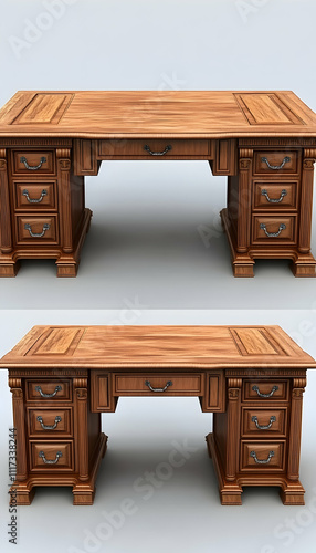 Two views of a large, dark-wood executive desk with multiple drawers.