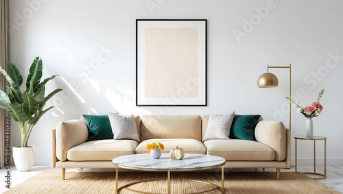 Stylish living room interior with sofa, coffee table and wooden empty wall frame