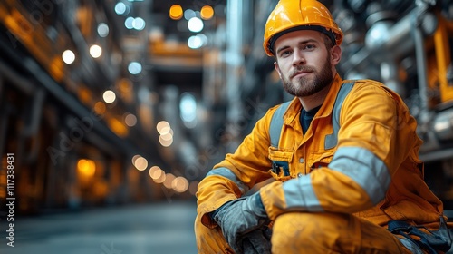 Field Worker Holding Equipment in Industrial Setting photo