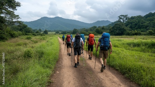 Group of hikers walking on a dirt trail in nature with lush greenery and mountains in the background