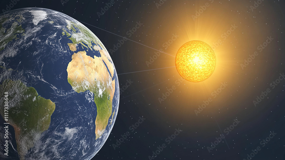 Obraz premium Earth axis diagram illustration showing the tilt of the Earth's rotational axis relative to its orbital plane, explaining the cause of seasonal changes and the distribution of sunlight.