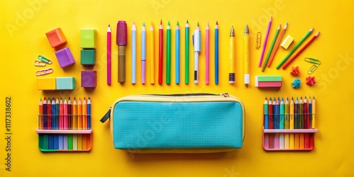 Vibrant Back to School Pencil Case with Colorful School Supplies on Bright Yellow Background - Flat Lay Overhead View for Educational Themes and Seasonal Promotions photo