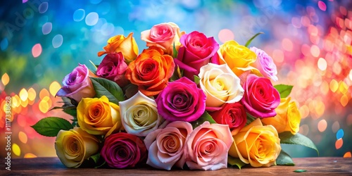 Vibrant Bouquet of Fresh Roses Against a Bright Background, Perfect for Celebrations and Romantic Occasions, Showcasing Nature’s Beauty in Full Bloom and Colorful Splendor