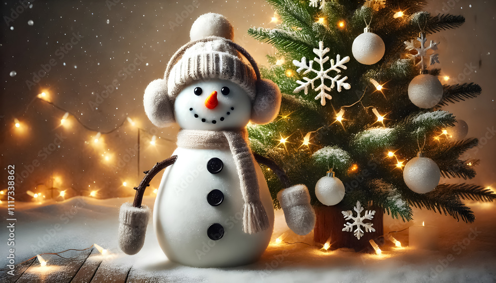 A snowman wearing earmuffs, with a Christmas tree draped in soft fairy lights. A snowman wearing earmuffs, with a Christmas tree draped in soft fairy lights.